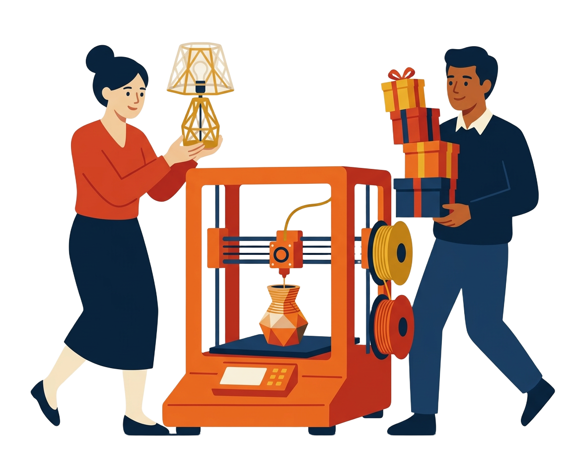 People using a 3D printer, holding a printed lamp and gift boxes